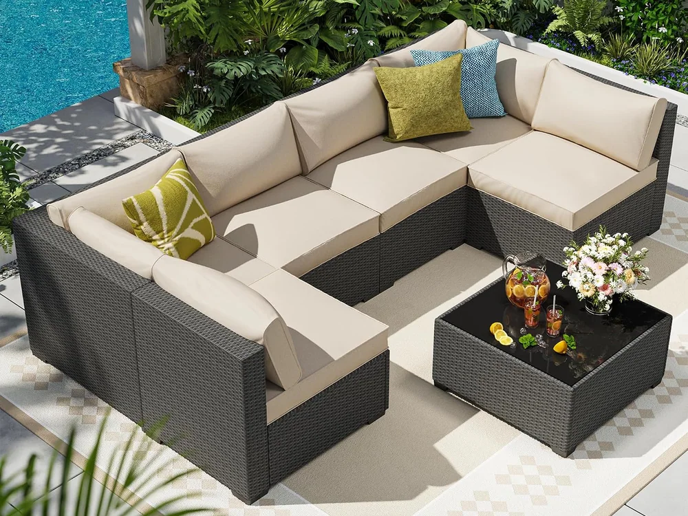 7-Piece Wicker Patio Sectional by Olimix in Black/Beige