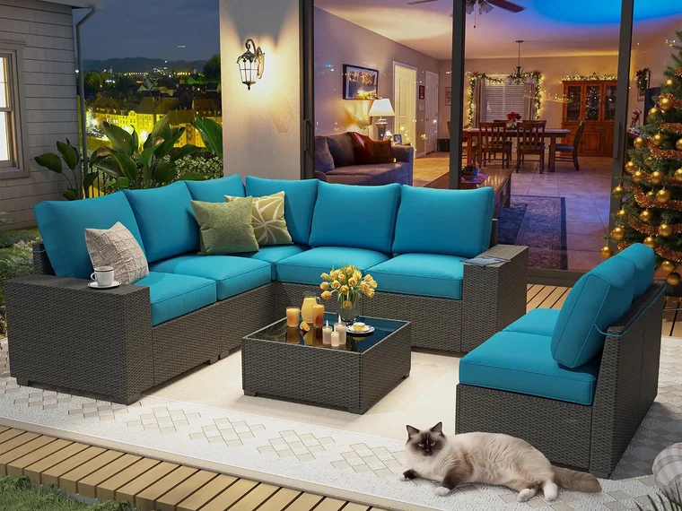 8-Piece Wicker Patio Sectional by Olimix in Coffee/Peacockblue