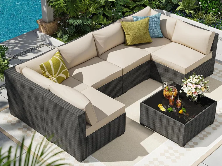 7-Piece Wicker Patio Sectional by Olimix in Black/Beige